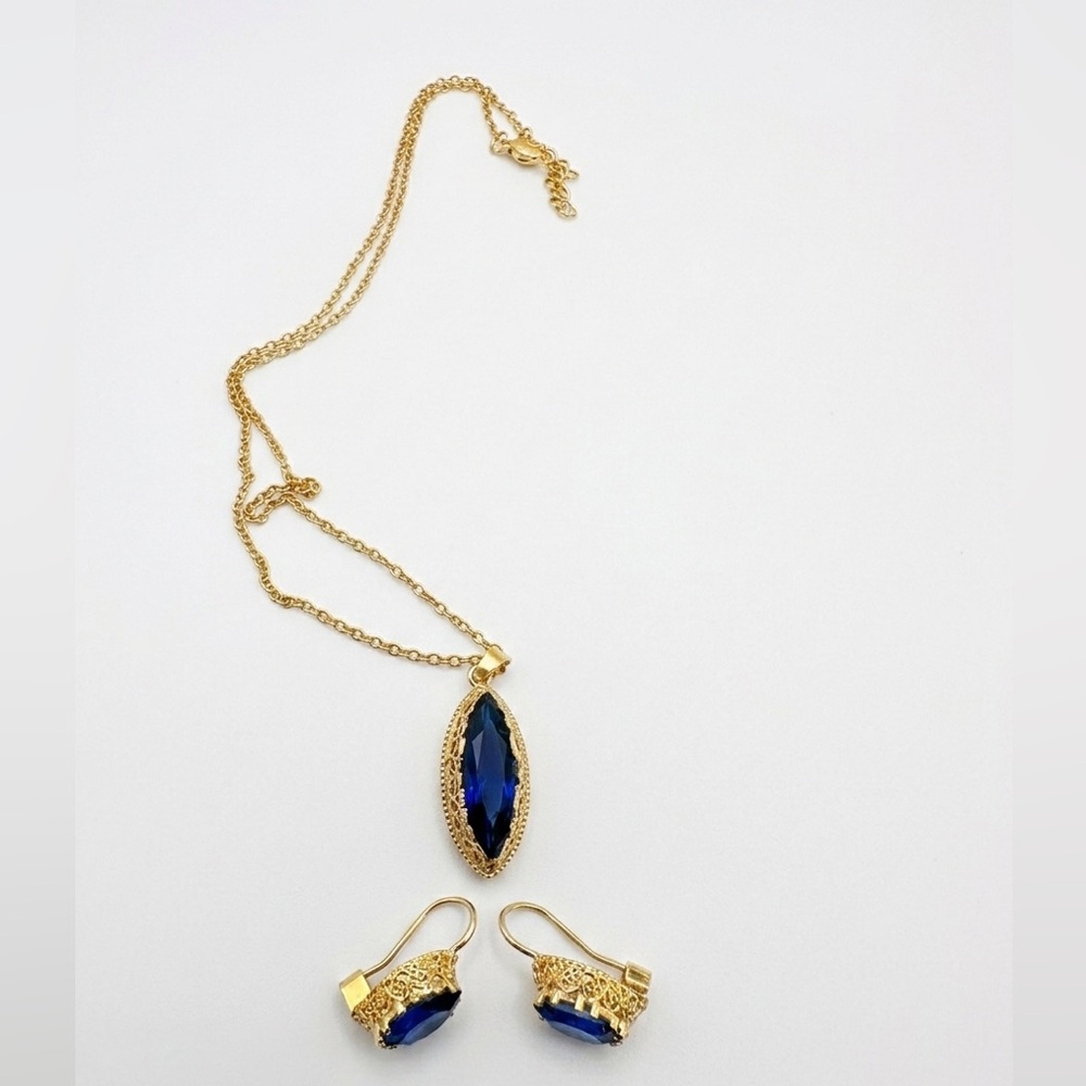 SOLD Stunning Marquise Blue Sapphire & Gold Filigree Jewelry Set